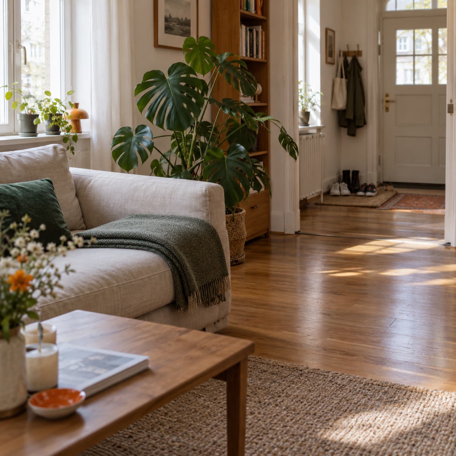 Ein aufgeräumtes Wohnzimmer mit Sofa und Pflanze nach der Reinigung.